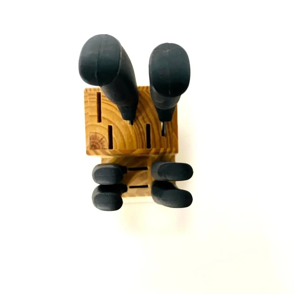 Light Tan Brown Wooden Knife Block Black Plastic Handle Steel Knives Set Kitchen